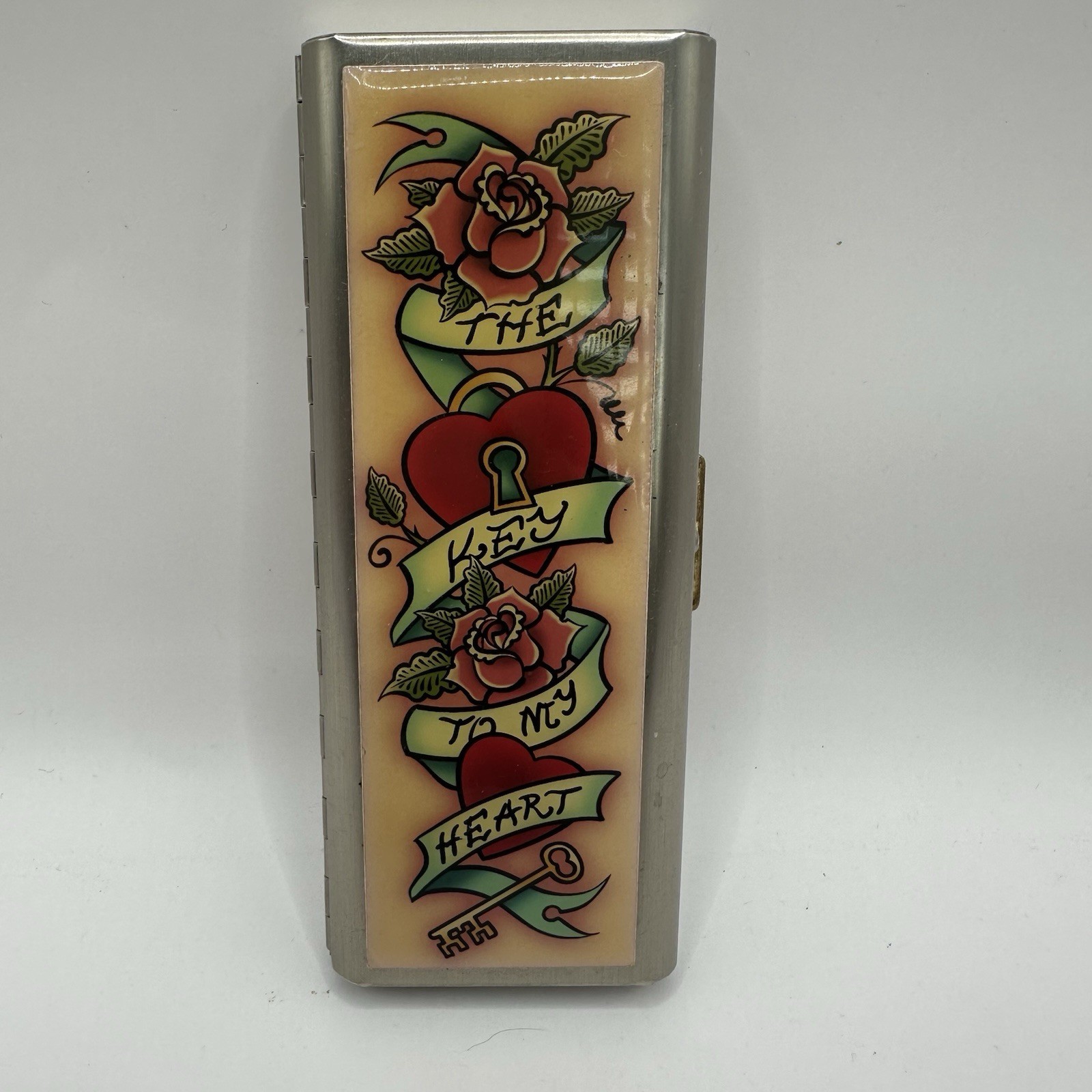 Key To My Heart Tampon Case Holder Hearts Floral Brushed Steel 5″ Tall
