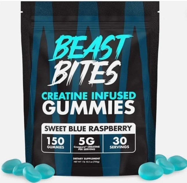 Beast Bites Creatine Infused Gummies, Sweet Blue Raspberry, 5g Creapure Creatine