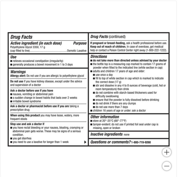 Compare to MiraLAX Laxative Polyethylene Glycol 3350 – 100 Doses, EXP-09/2025+
