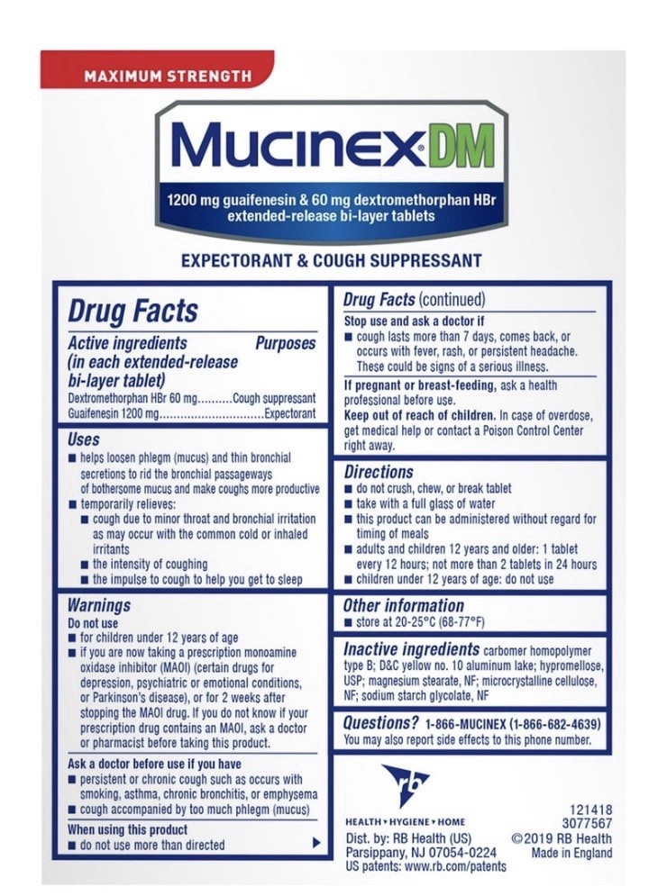 (4)Mucinex DM Maximum Strength 12 Hour Cough Relief 14 ER Tablets Exp 06/2028