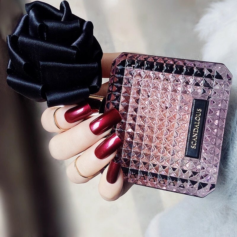 24 Medium Square Dark Red Press On Nails goth wine burgundy glue on kit satin