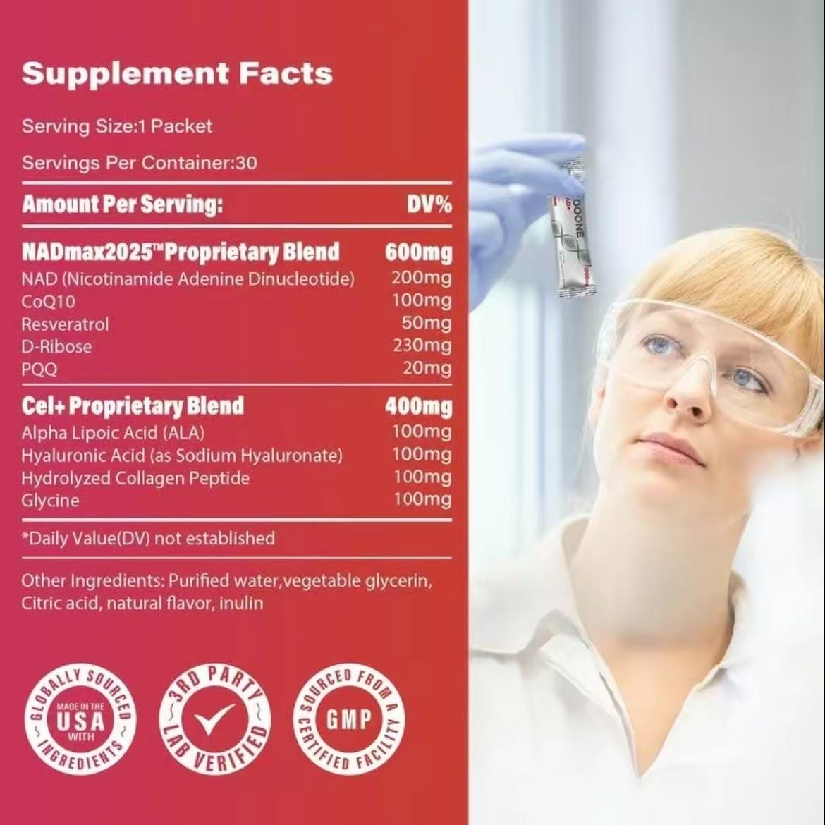 ZOOONE 1000mg NAD+ Berry Flavor Drink Mix for Skin Aging Support, Energy