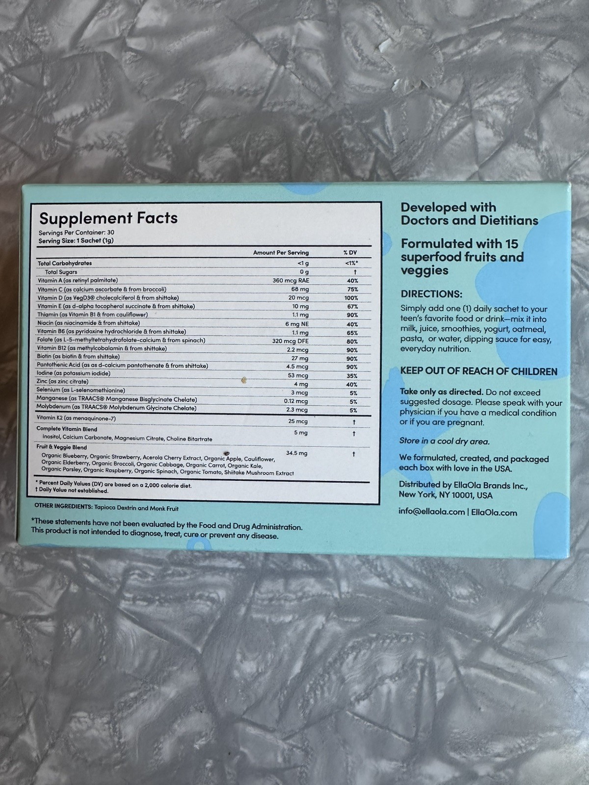 EllaOla Teens Unflavored Multivitamin Sugar-Free Vegan 30 Sachets 30g