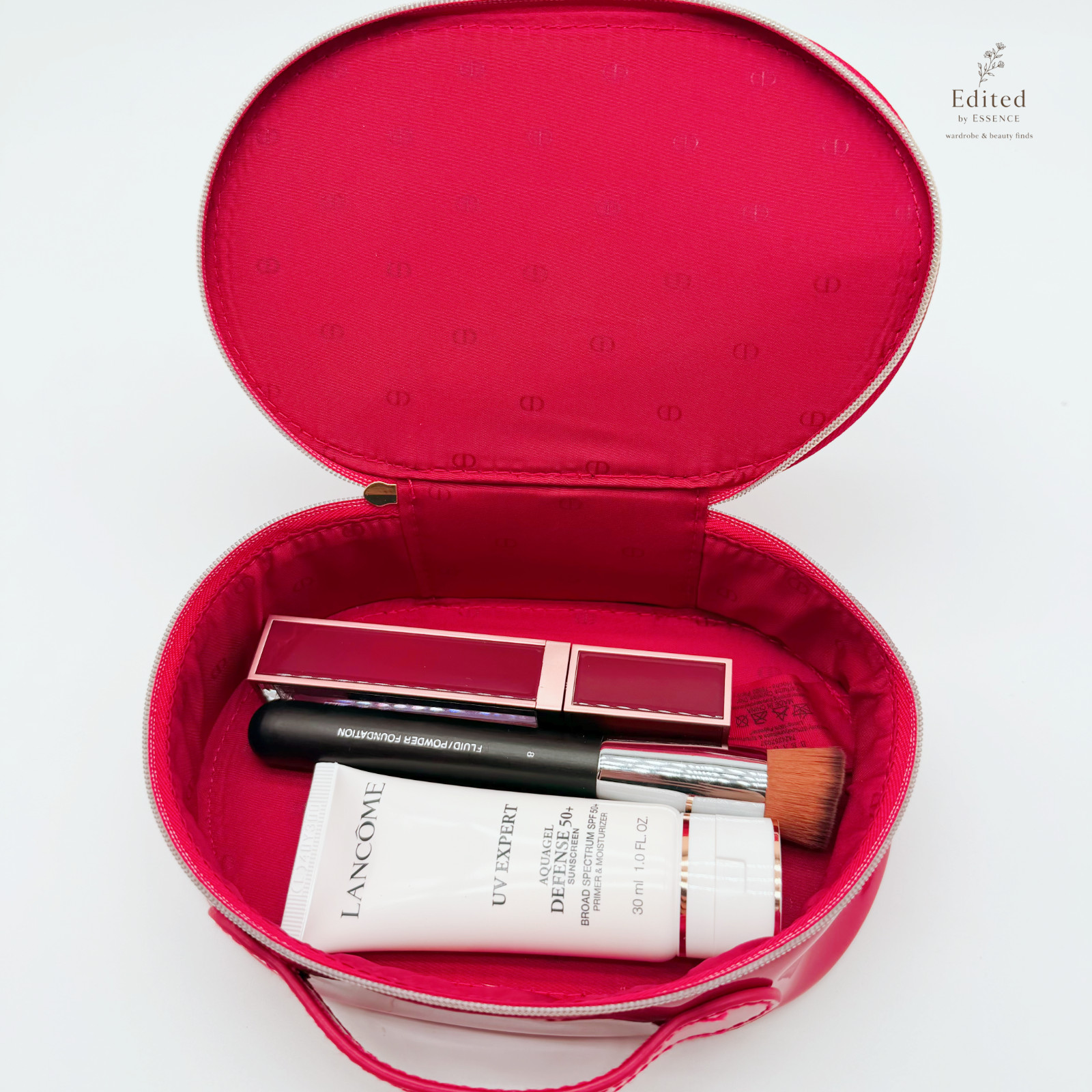 Dior Beauty Red Glossy Oval Vanity Case Cosmetic Pouch Handle Bag