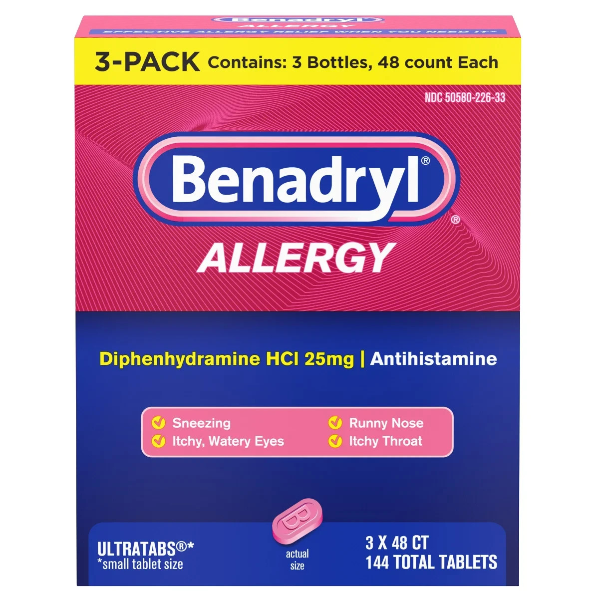 BENADRYL ALLERGY MEDICINE PILLS DIPHENHYDRAMINE HCL 25 MG RUNNY NOSE 144 COUNT!!