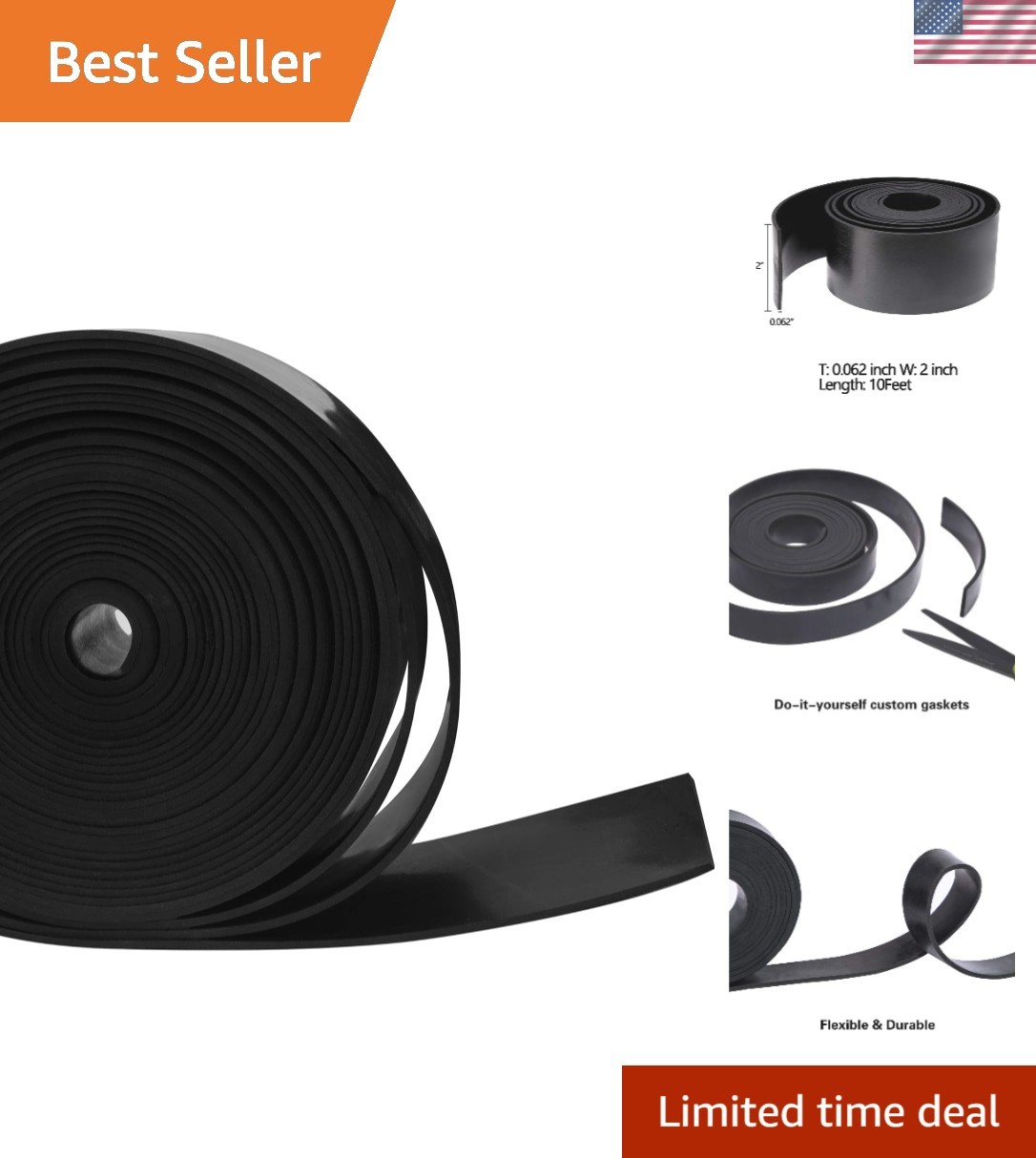 Solid Neoprene Rubber Strips Roll 2″ Wide x 10′ Long for DIY Sealing