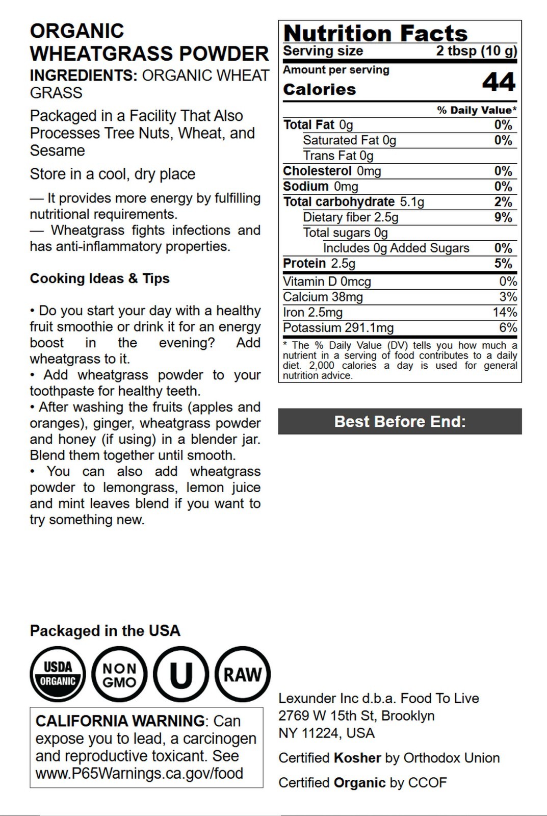 Organic Wheatgrass Powder — Non-GMO, Whole-Leaf, Raw, Non-Irradiated, Pure, Bulk