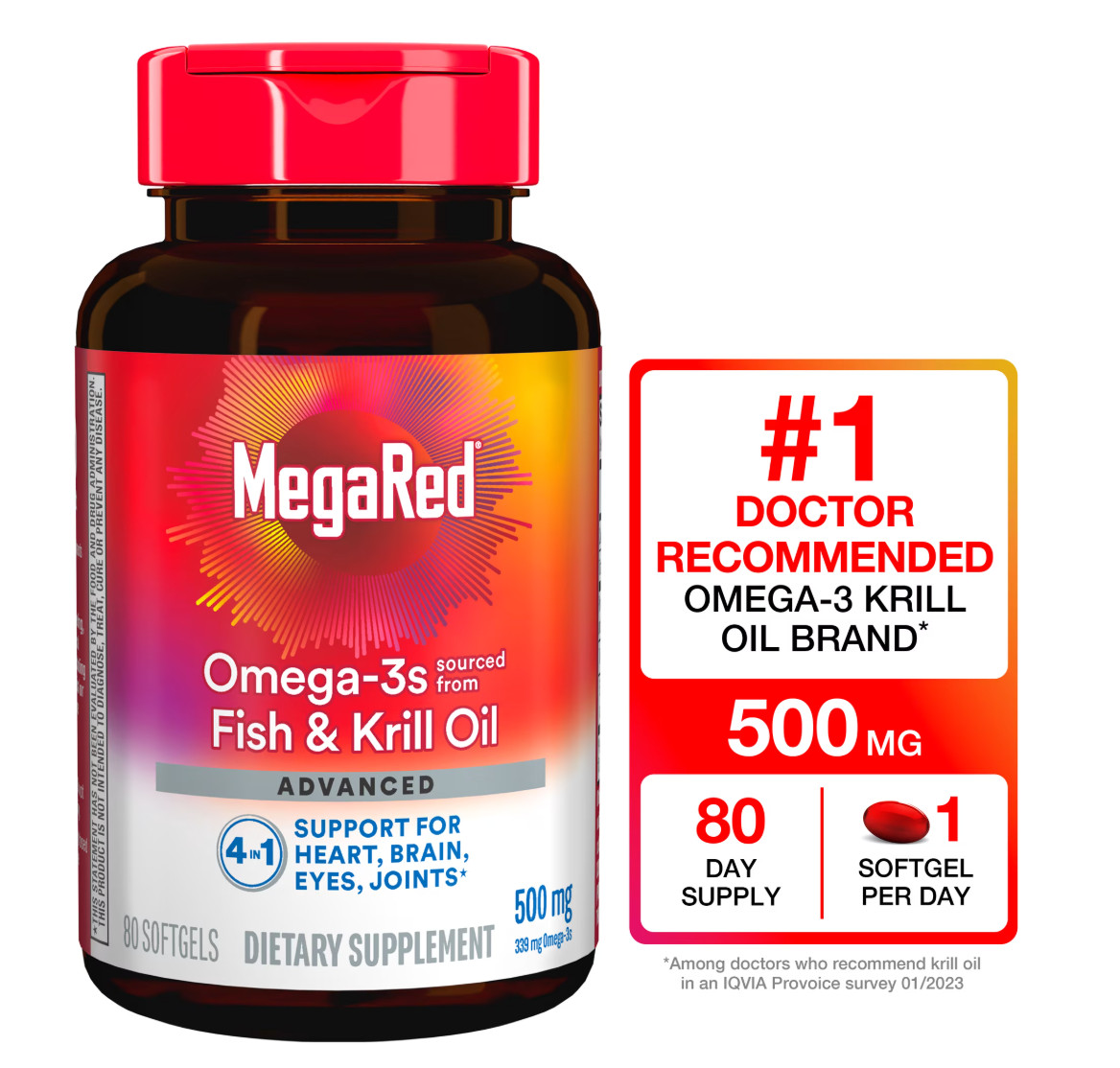 MegaRed Advanced 4-in-1 Omega-3 500mg 80 Softgels Heart Joint Support 2-Pack