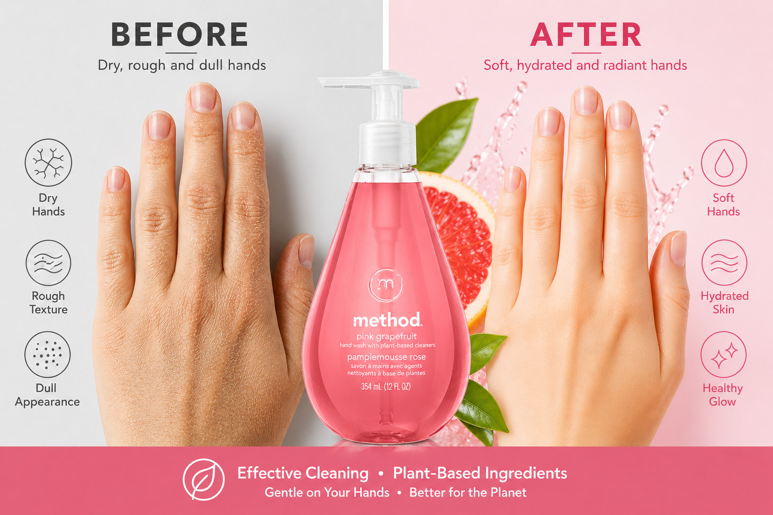 Method Pink Grapefruit Hand Soap 12 oz Plant-Based Cleaners Gentle Hand Wash