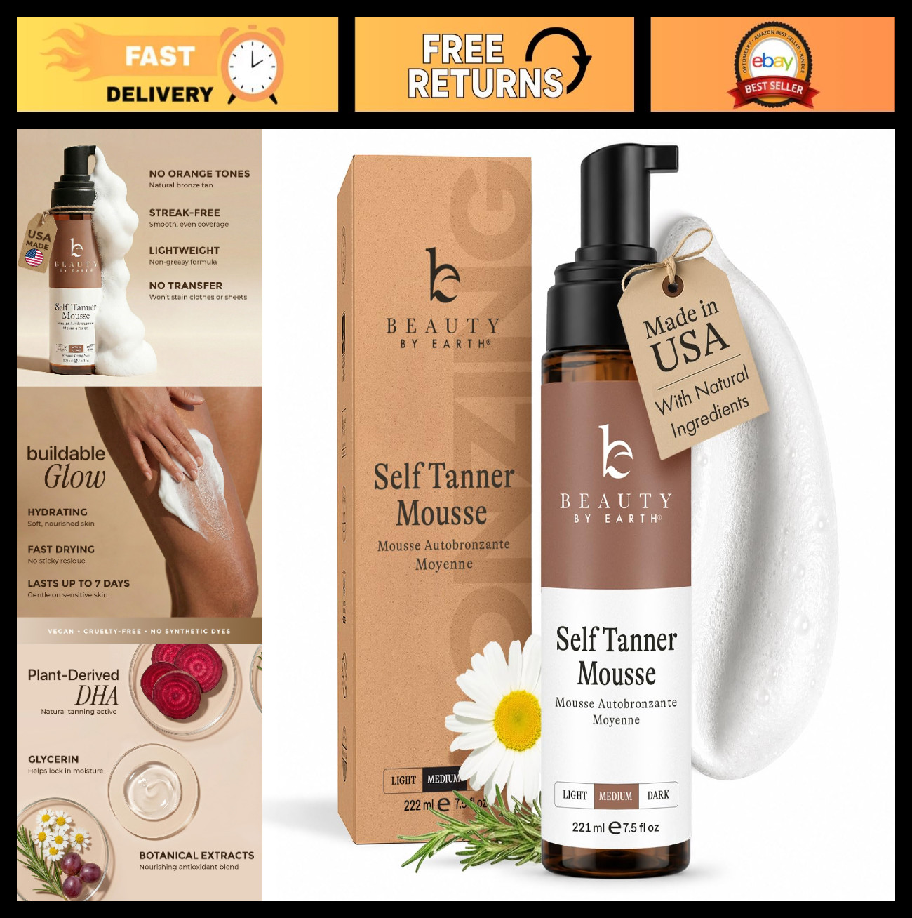 Natural & Organic Self Tanner Mousse – Dark Tan, Streak-Free, Non-Toxic Foam