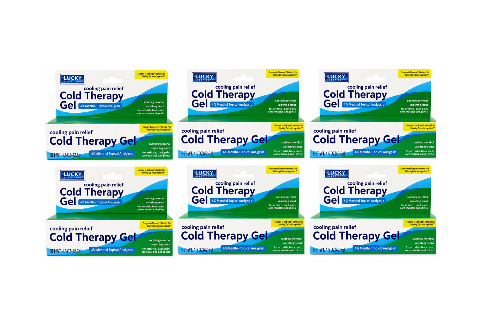 Lucky Super Soft Cold Therapy Gel 6 Pack 4% Menthol Pain Relief 1.5 oz Each