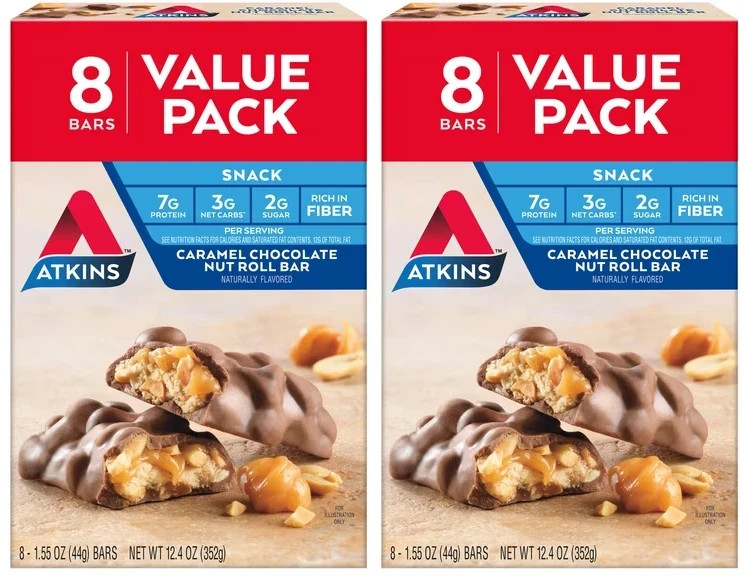 Atkins Snack Bar, Caramel Chocolate Nut Roll, Keto Friendly, 8 Count (Pack-2)