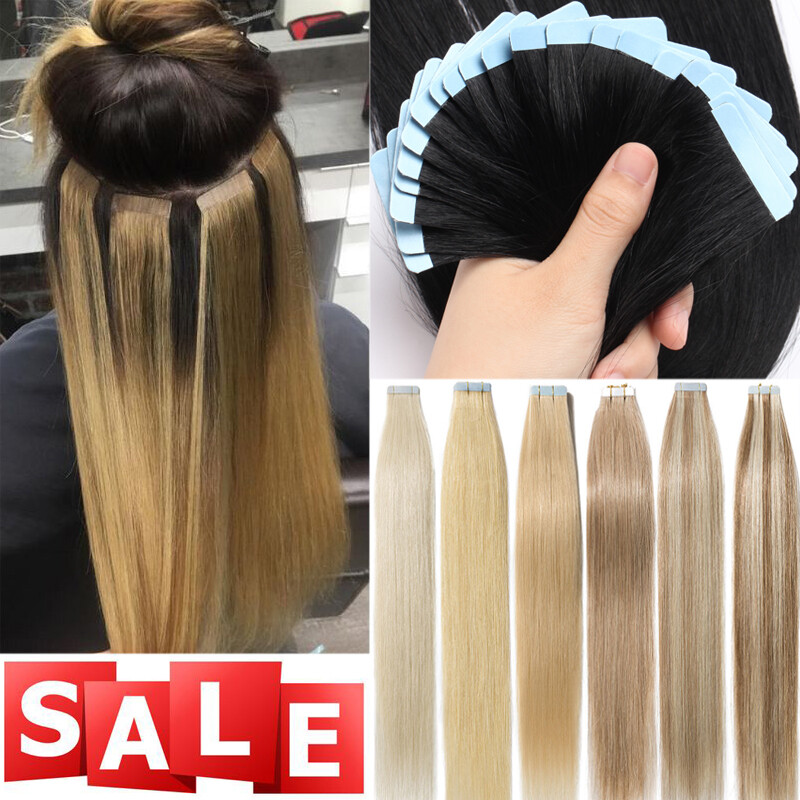 20/40/60pcs Tape In 100% Real Human Hair Extensions Skin Weft Full Head Remy US