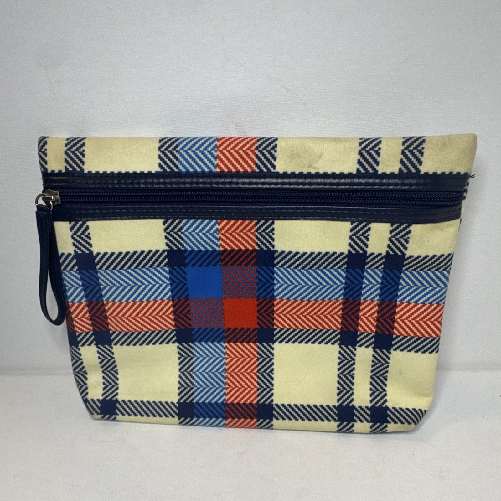 Plaid Checkered Zip Makeup Bag Pouch/Case Beige Blue Red Zipper Closure