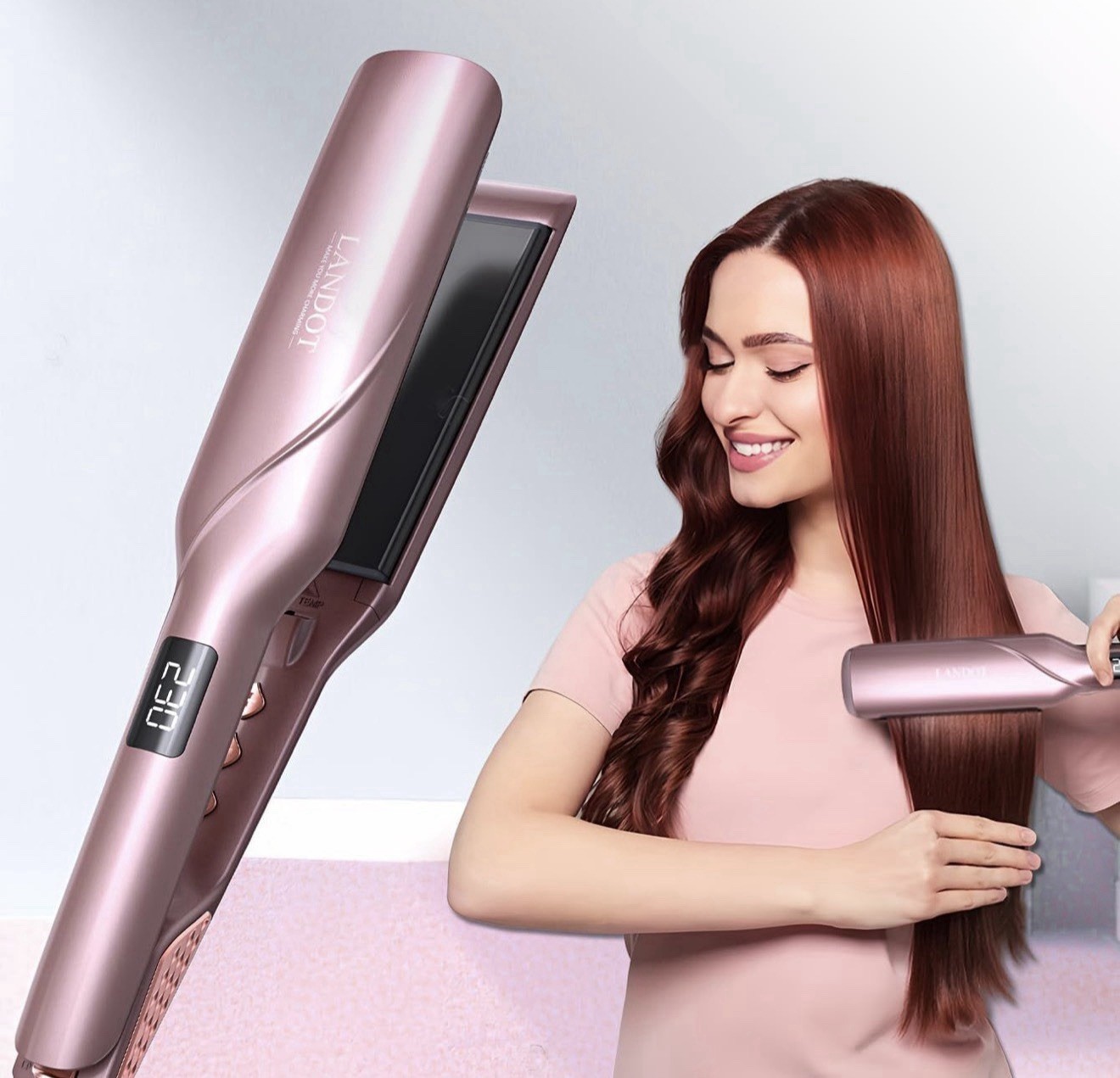 LANDOT 1.75in Ceramic Flat Iron Straightener, Adjustable Heat, 450°F, Pink