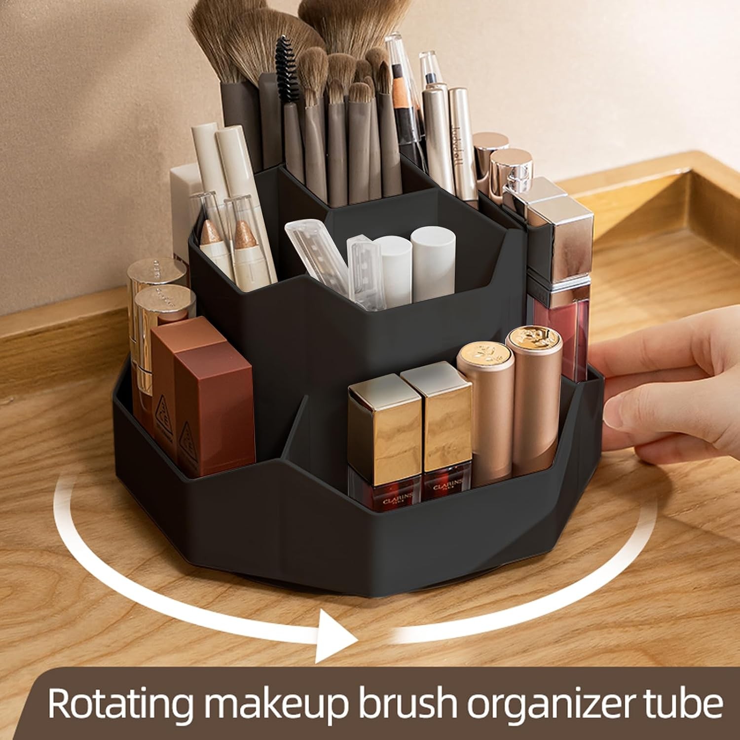 360° Rotating Black Makeup Brush Holder Organizer with 9 Slots,Makeup Organizers