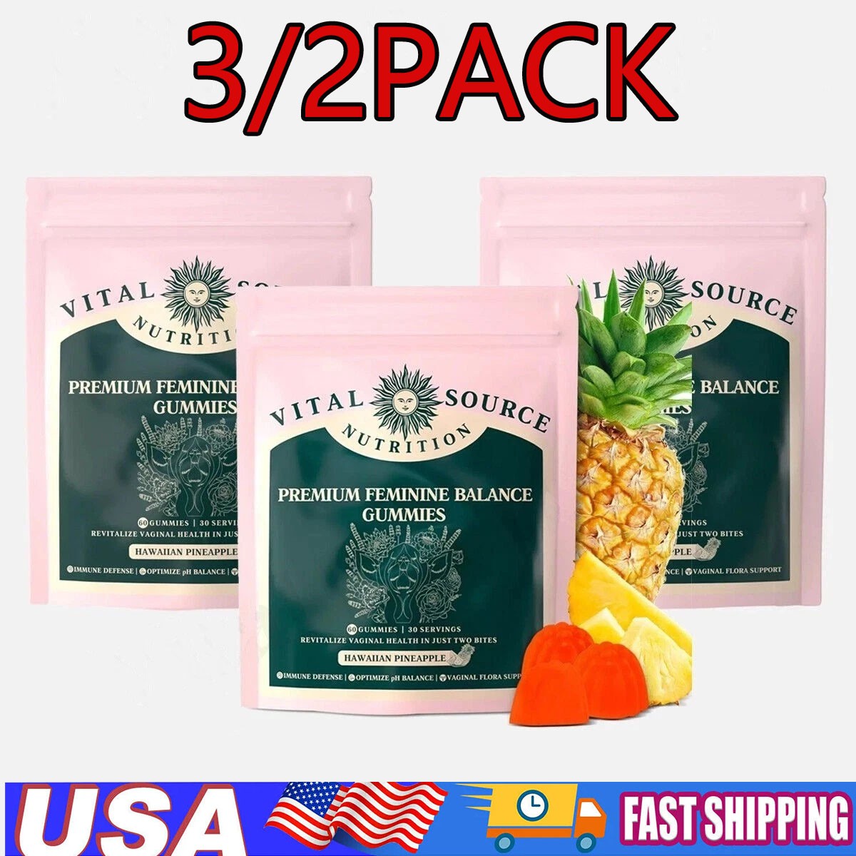 3/2Pack Vital Source Feminine Balance Gummies Hawaiian Pineapple US