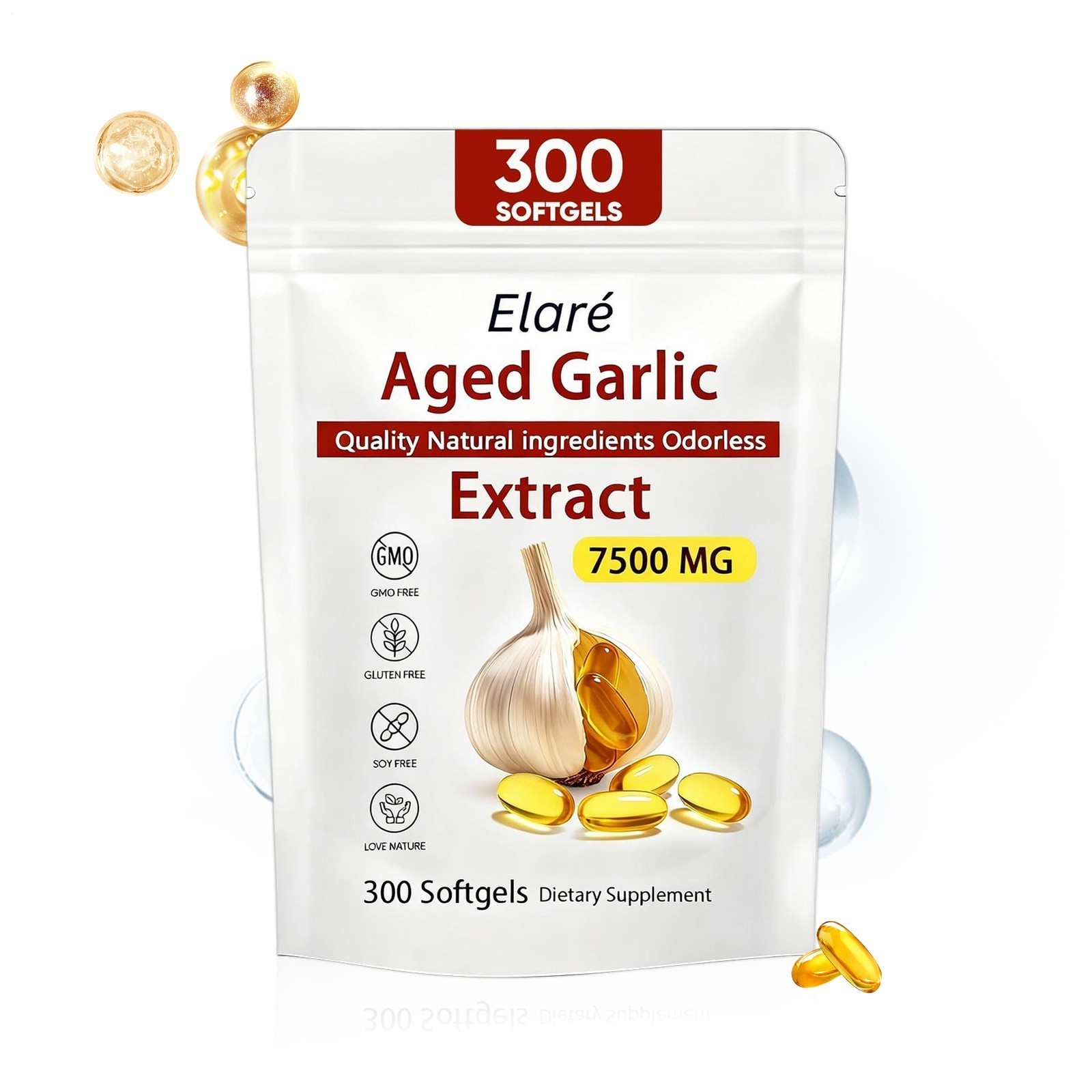 1-3pk Elare Aged Garlic Extract 300 Odorless 7500mg Immune Heart Softgels