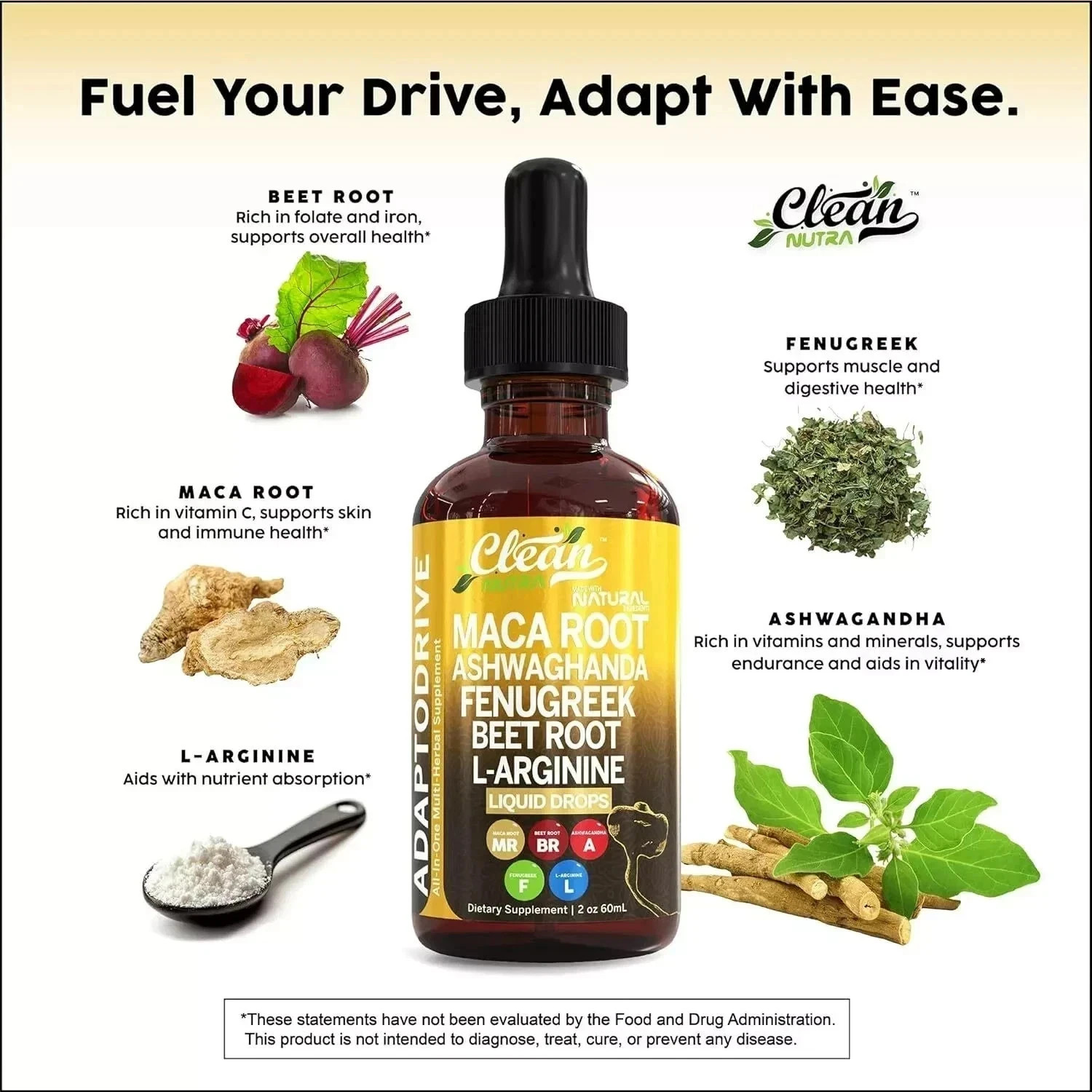 Organic Maca Root Liquid Drops Ashwagandha Fenugreek Beet Root and L-Arginine