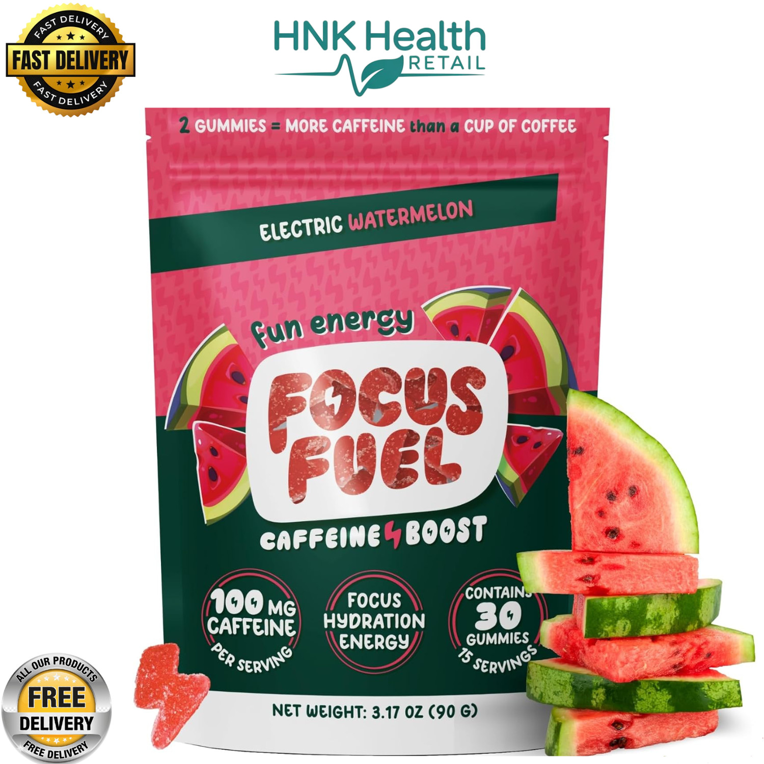 FocusFuel Energy Chews – Watermelon Flavor – 15 Servings All-Natural Energy