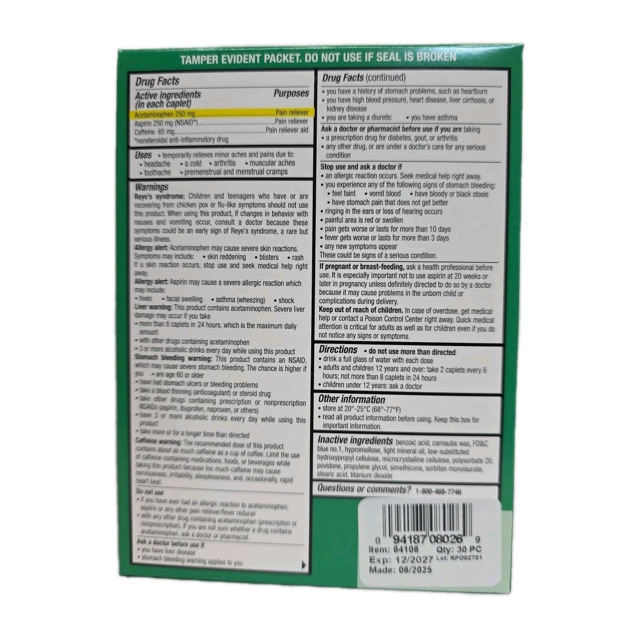 Excedrin Extra Strength for Pain Relief/ 30 Packets of 2 Caplets Exp 12/2025