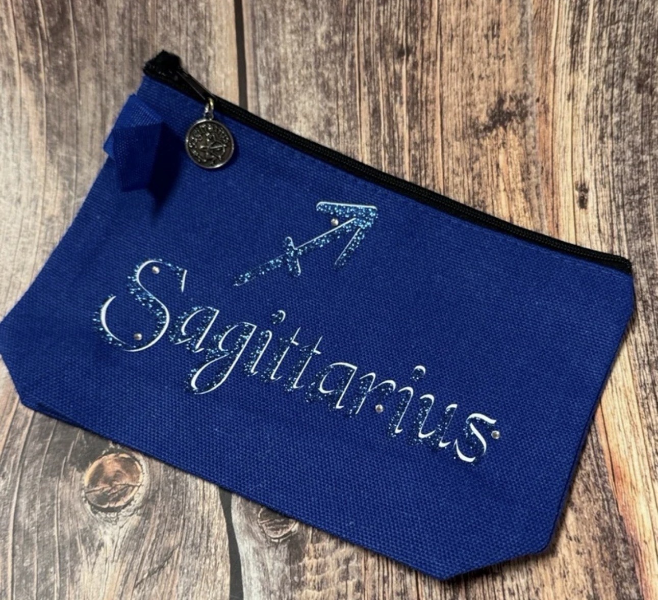 NEW Blue 7”x5” Zippered Pouch with Sagittarius Design & Charm Item #PHK4838