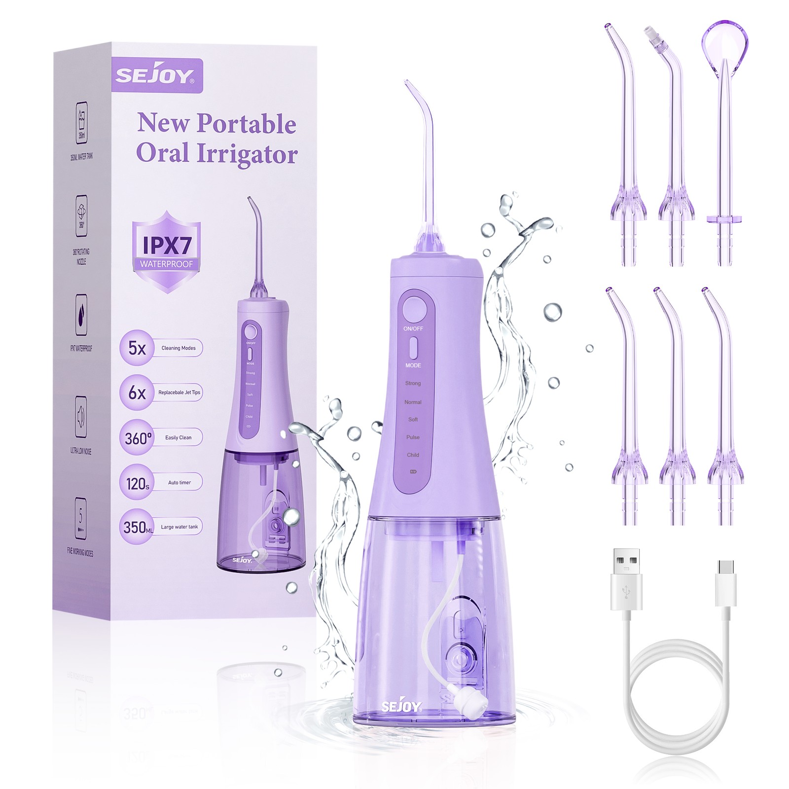 SEJOY Dental Cordless Water Flosser For Teeth Cleaner Oral Irrigator 6 Jet Tips