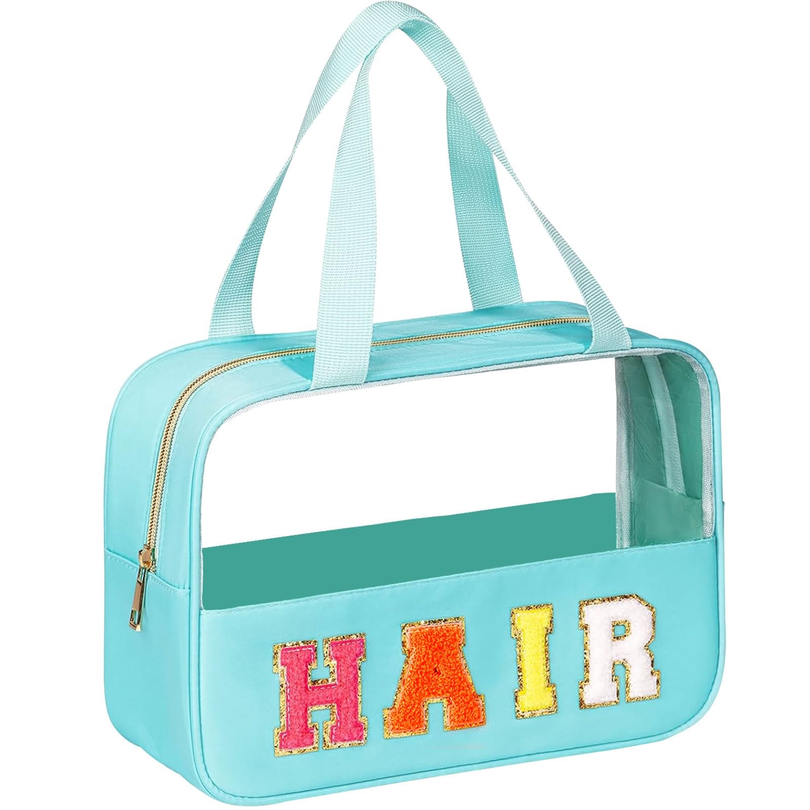 Chenille Letter Patch Clear Hair Bags, Preppy PVC&Nylon Makeup Bag with Handl…