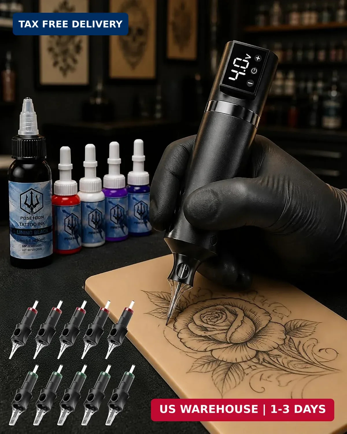 POSEIDON Wireless Rotary Tattoo Gun Kit with Pen Machine, 1500mAh Battery | 3mm