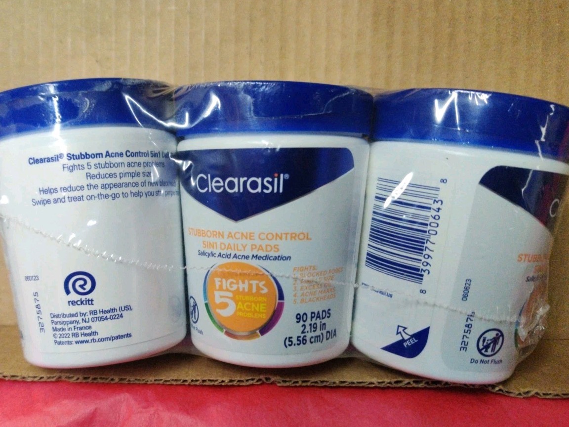 PACK OF 3 Clearasil Stubborn Acné Control 5in1 Daily Pads 90 Pads Exp. 01/2027