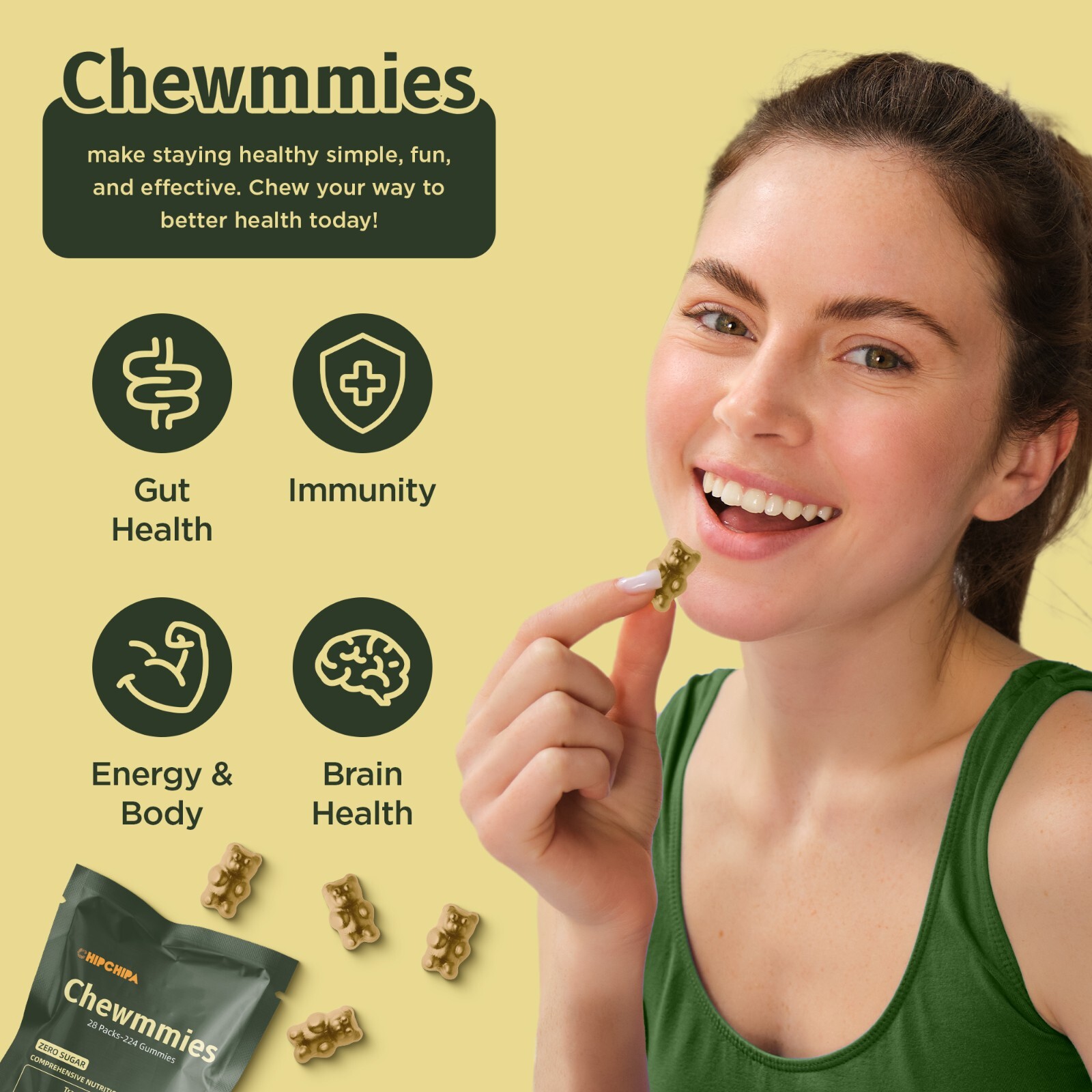 Adults Super Greens Gummies, Multivitamin Superfood Gummy Bears 28 Daily Packs