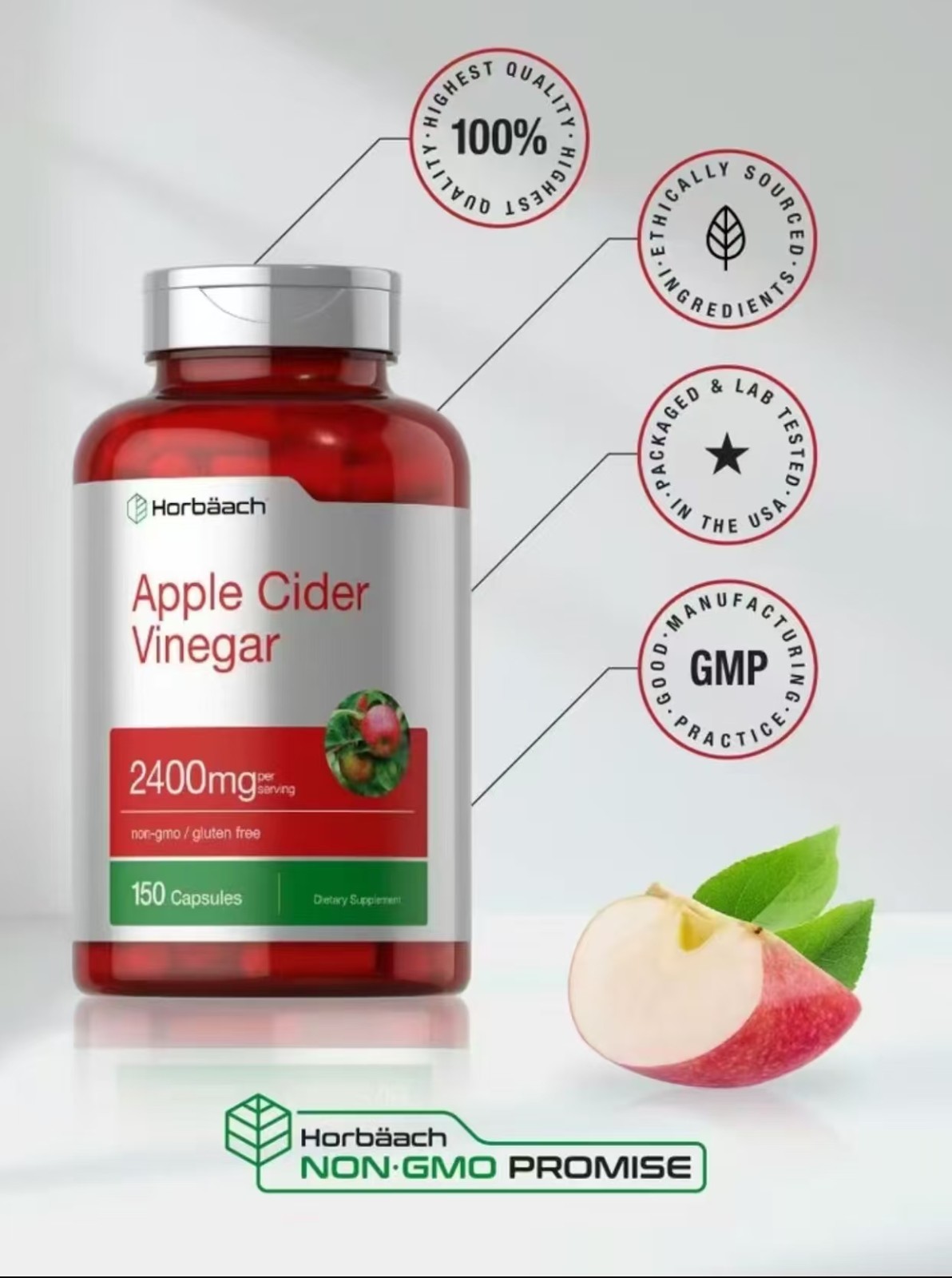 Apple Cider Vinegar Capsules, 2400mg Per Serving, Non-GMO & Gluten Free