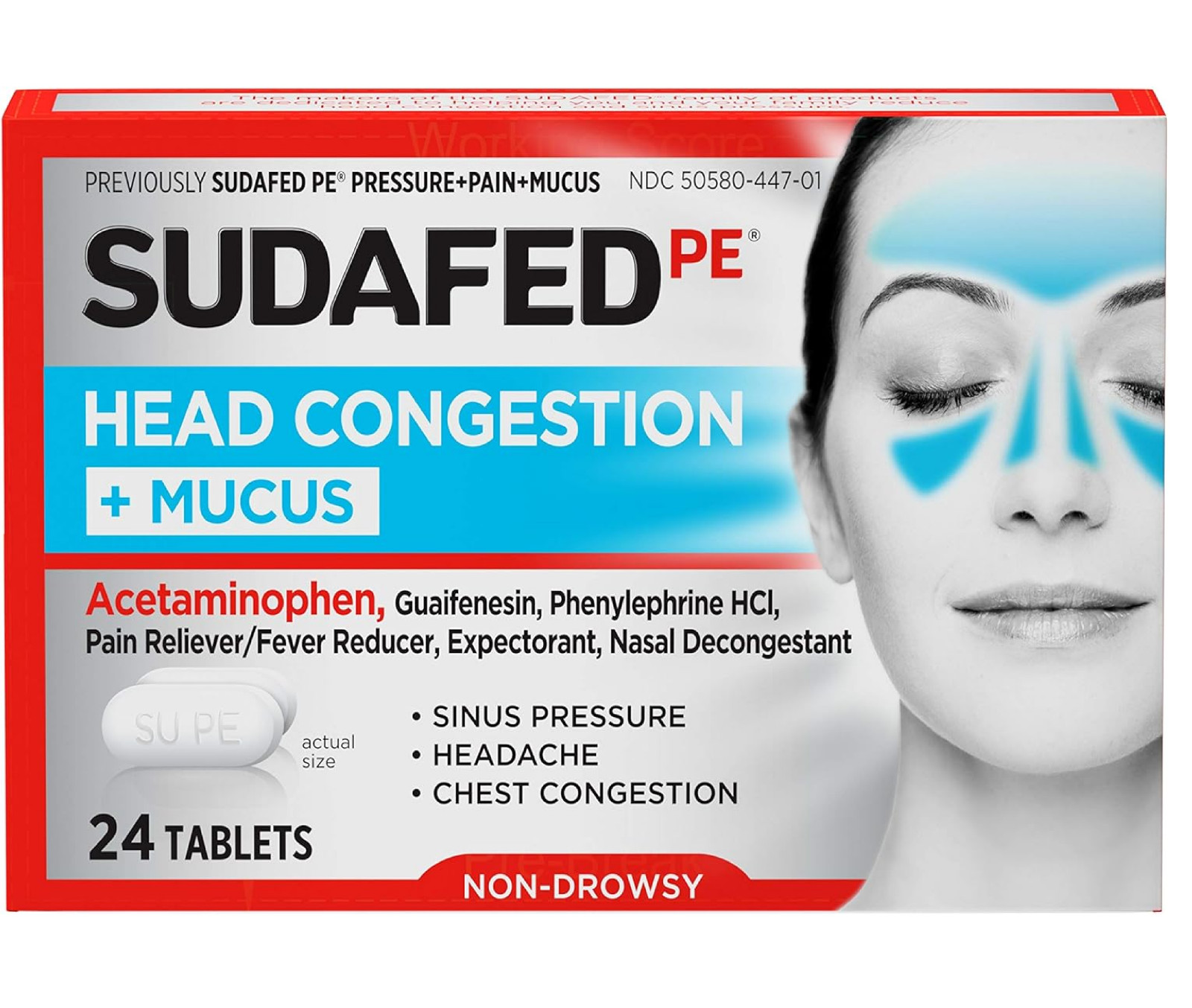 Sudafed PE Head Congestion + Mucus Tablets for Sinus Pressure, Pain & Congestion