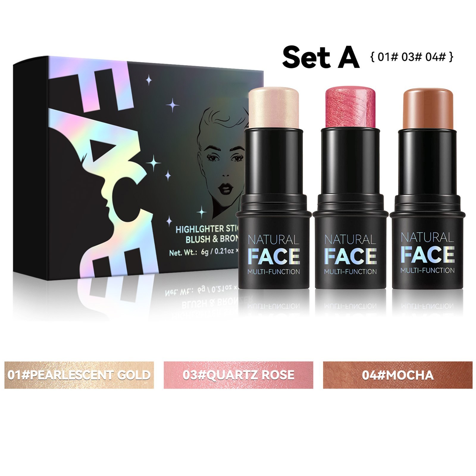 Women Blush Highlighter Bronzer Stick Highlight&Contour Multi-Stick 3Pcs 1Set