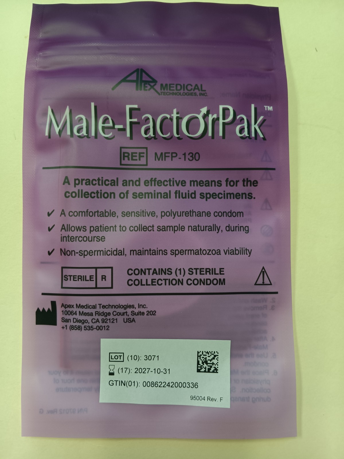 Male FactirPak Test Condom
