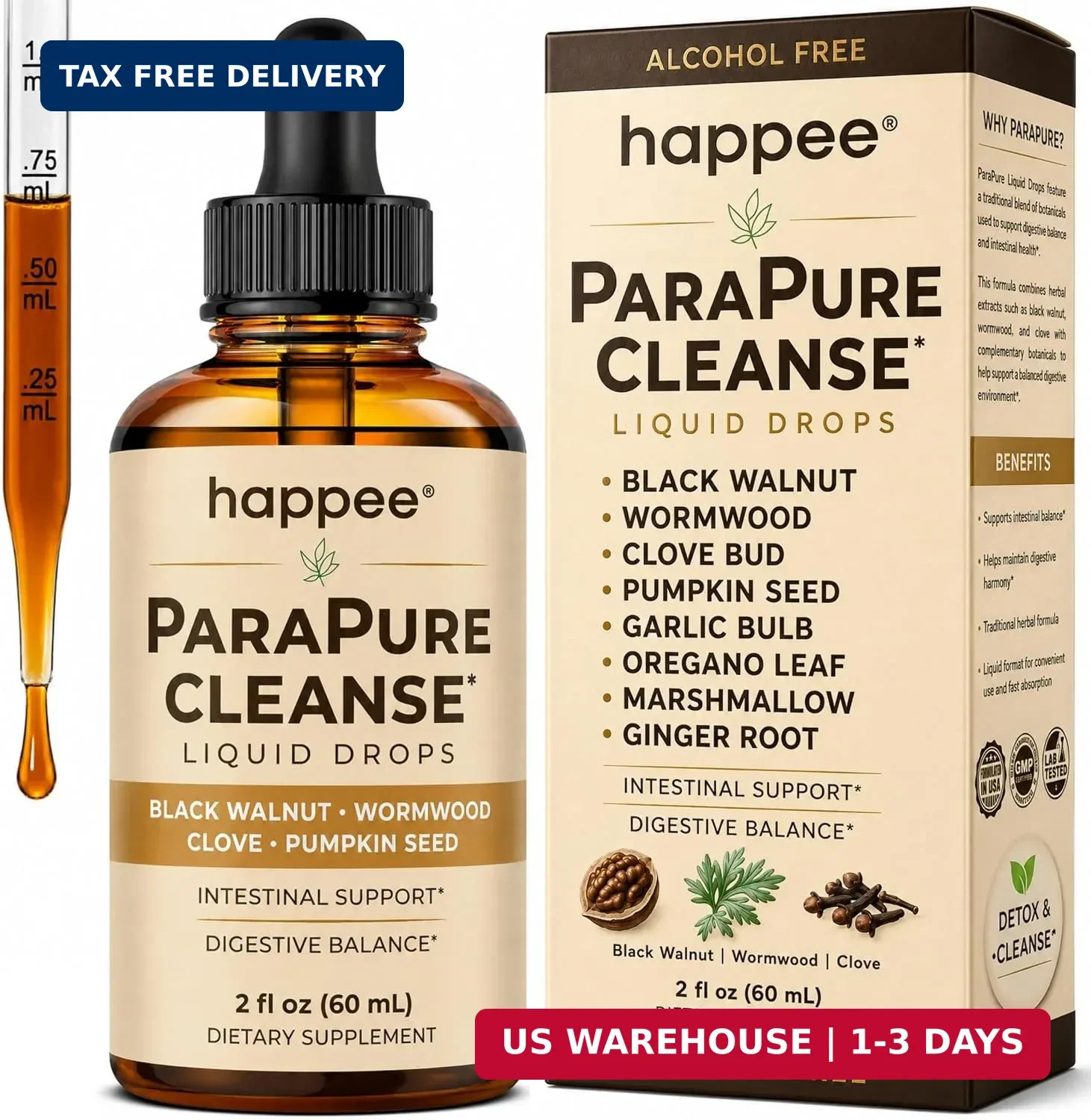 Happee ParaPure Cleanse for Humans Wormwood Black Walnut Clove 2 Fl. Oz | Herbal