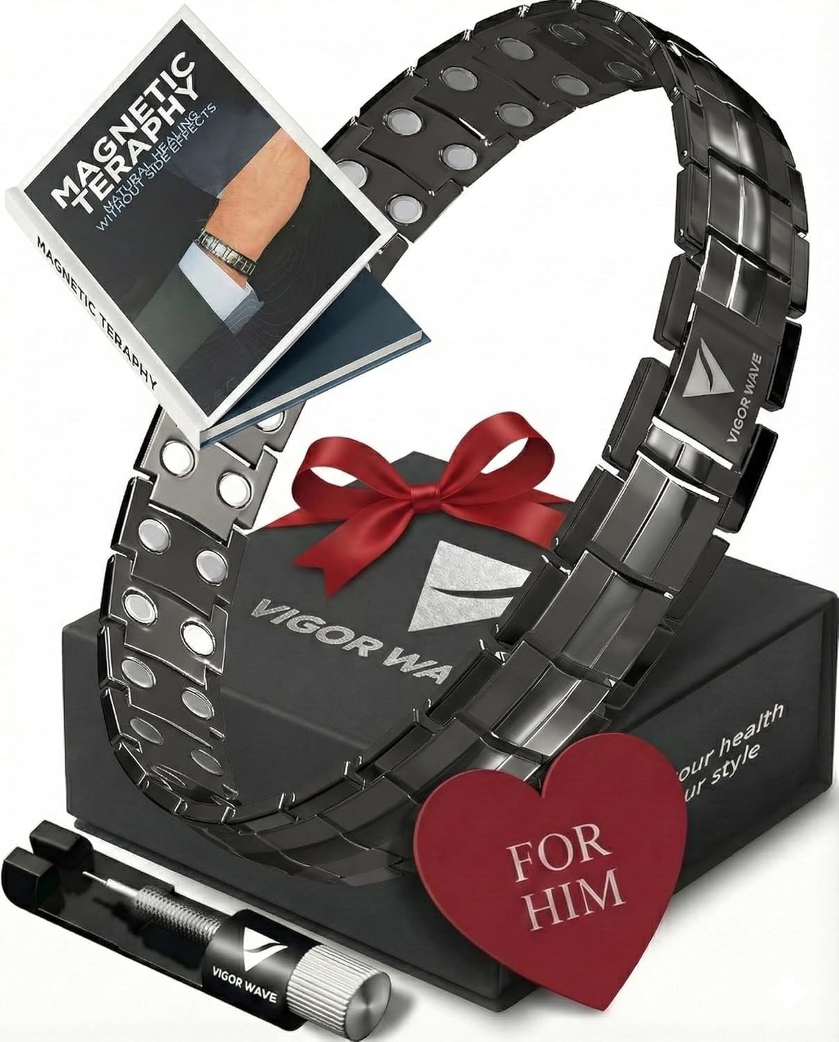 Vigor Wave® Magnetic Therapy TITANIUM Bracelet for Men, Gunmetal [OPEN BOX]