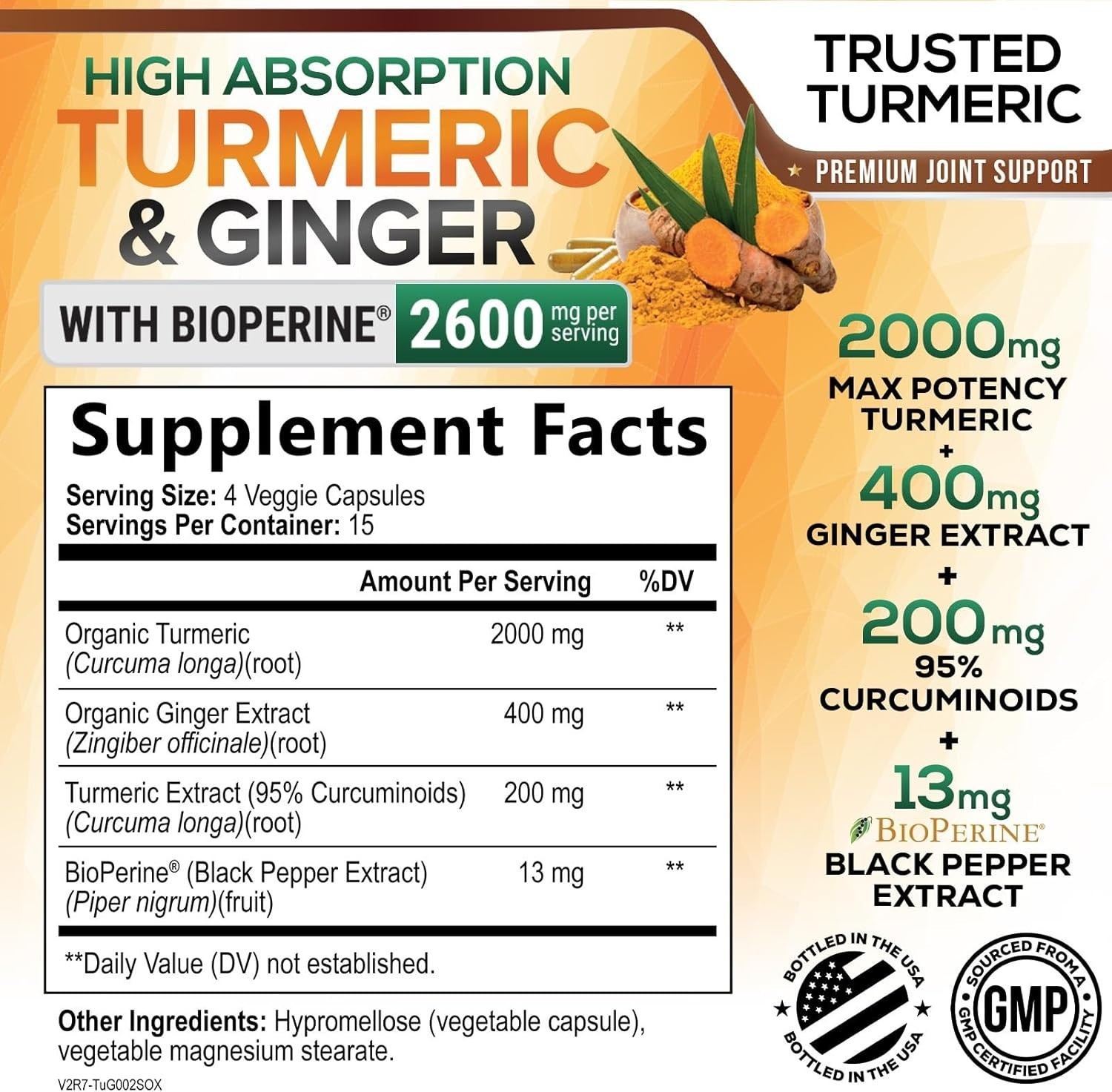 Turmeric Curcumin Supplement 2600mg – with Organic Ginger & Turmeric – BioPerine