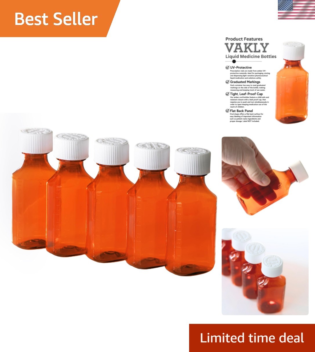 Plastic Amber Liquid Medicine Bottles with Child Resistant Caps 2oz Pack of 5…