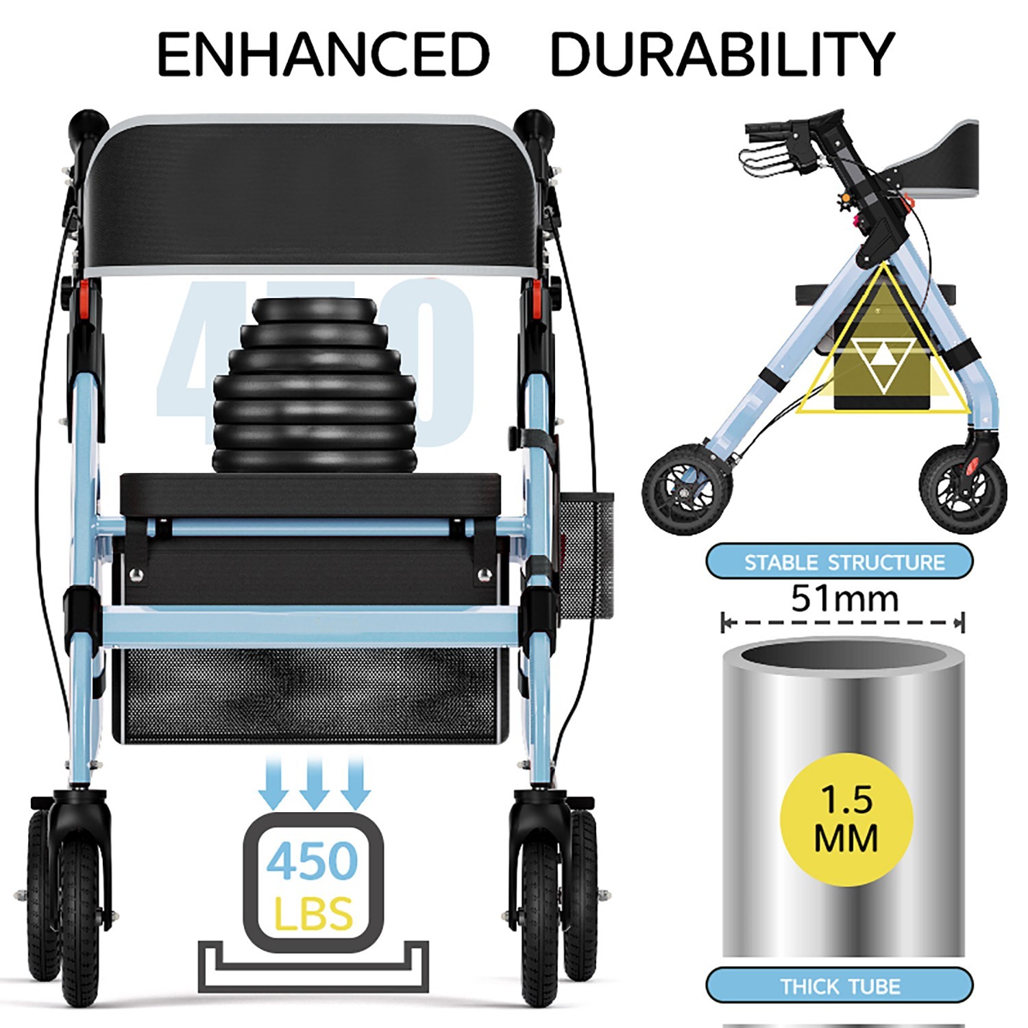 Foldable Rollator Walker with Seat for Seniors 450 lbs Heavy-Duty Mobility Aid