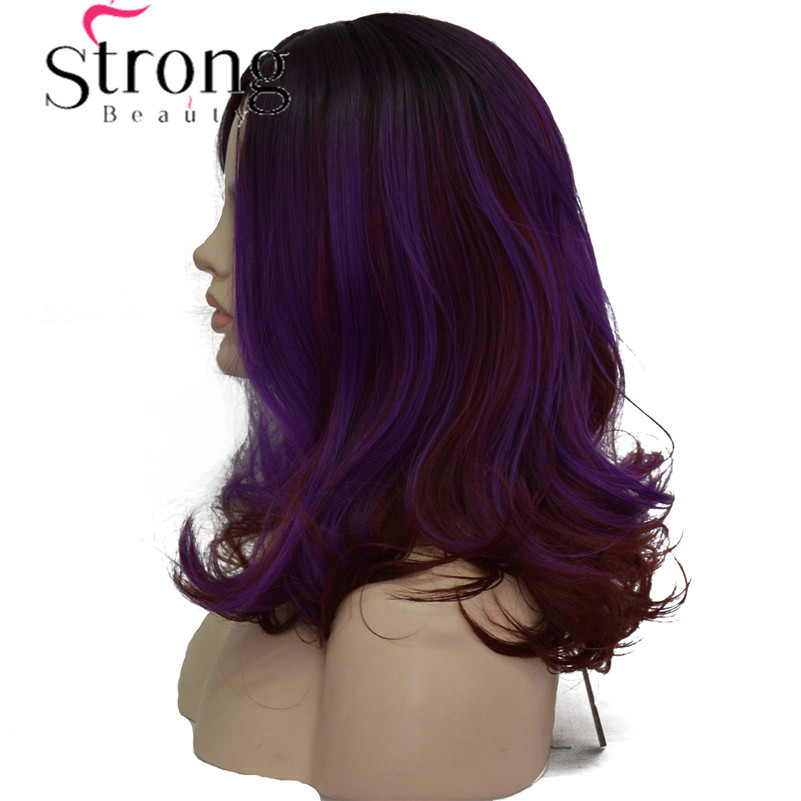 Medium Wavy Dark Purple Highlights Center Part No Bangs Synthetic Party Wig