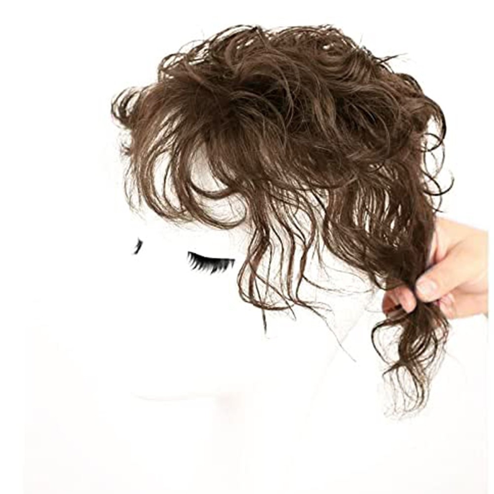 Short Brown Wavy Curly Hair Wiglet Topper Human Hair Replacement for Women