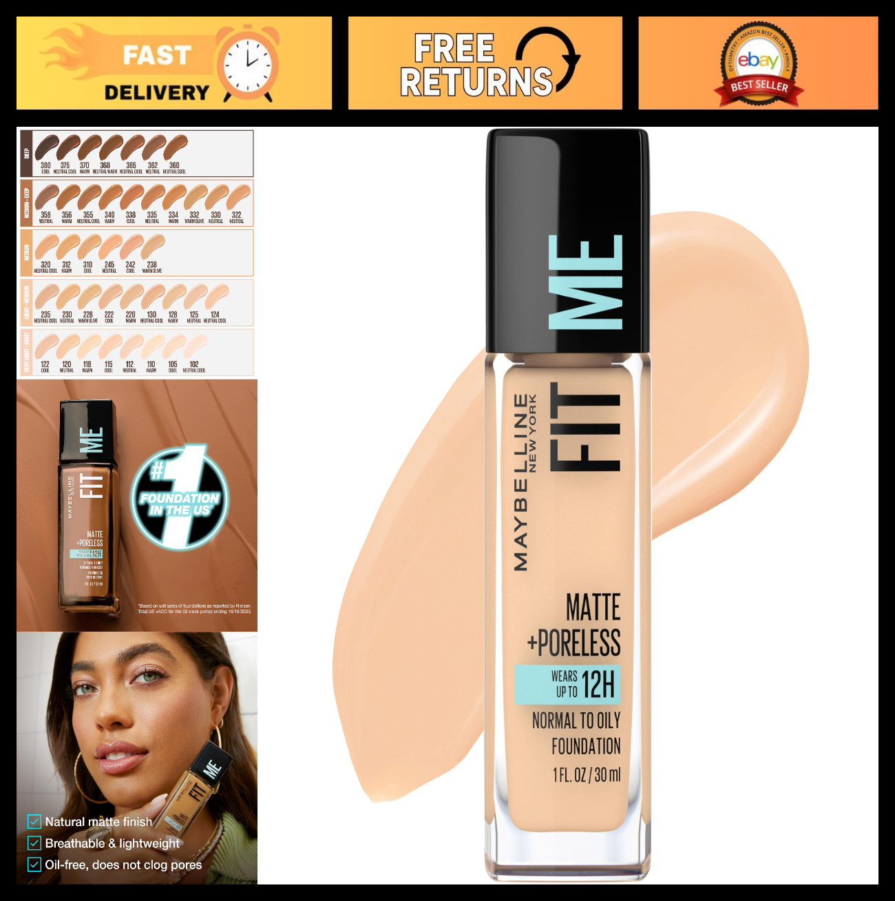 Matte Poreless Liquid Foundation, Oil-Free Makeup, Classic Ivory Shade, 1 Count