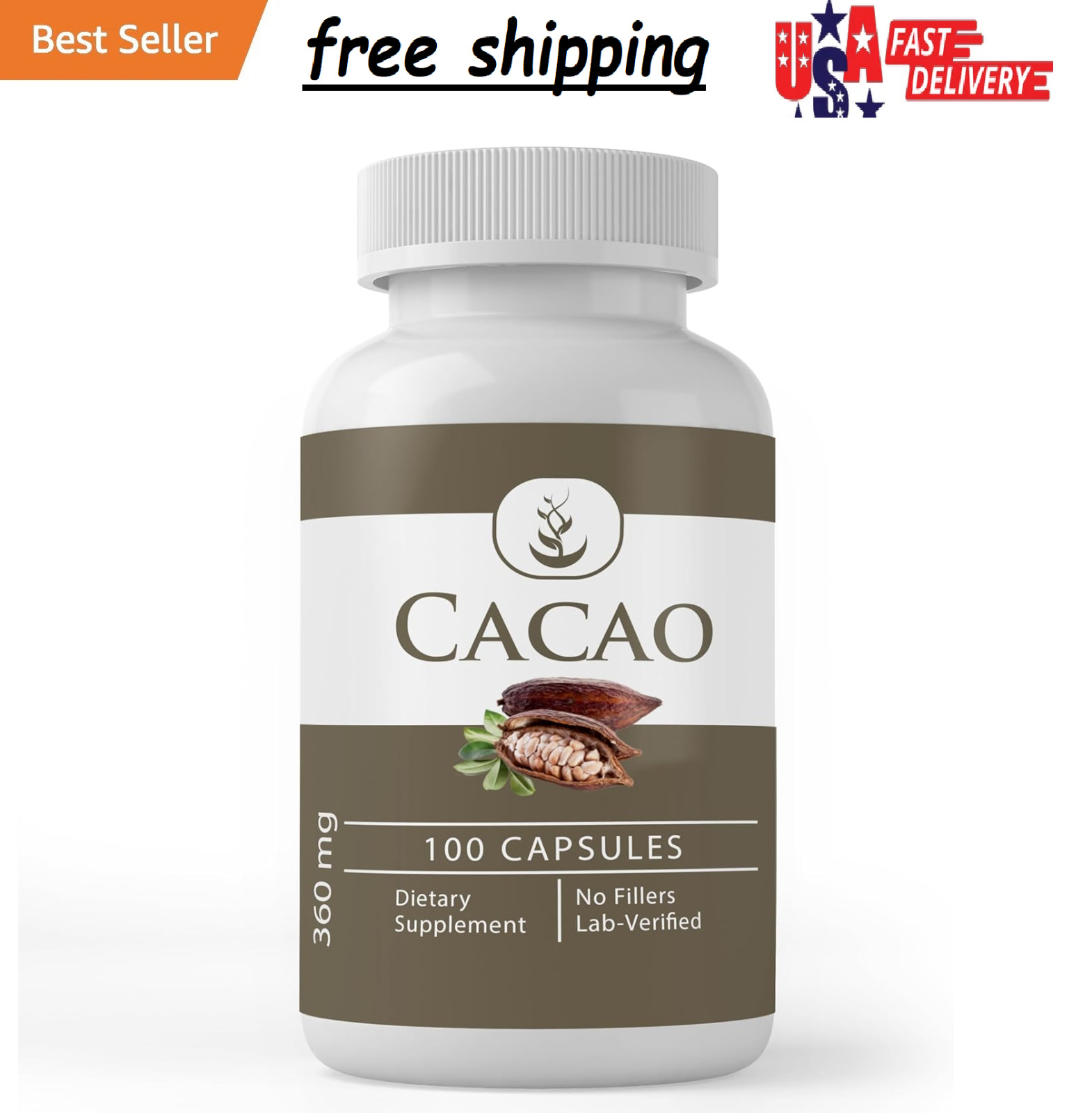 Pure Original Ingredients Cacao, (100 Capsules) Always Pure, No Additives Or Fil