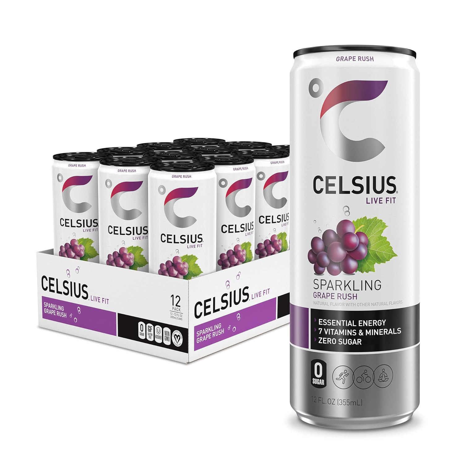 Sparkling Grape Rush, Functional Essential Energy Drink 12 Fl Oz (Pack of 12)