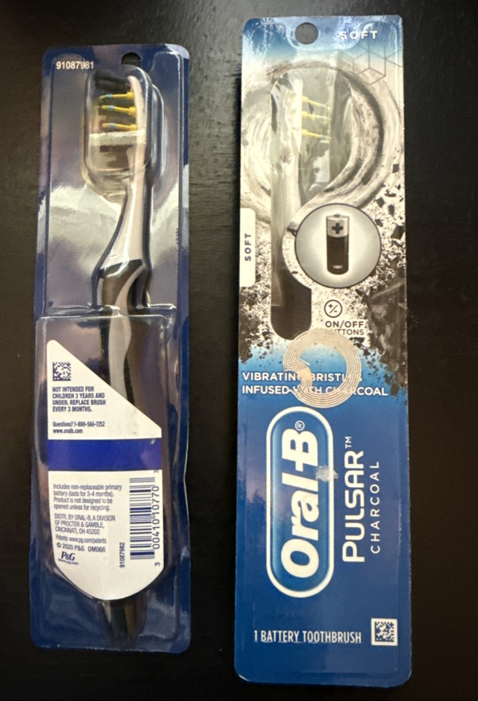NIP! (2) ORAL-B Pulsar BATTERY Charcoal Infused VIBRATING Soft TOOTHBRUSHES