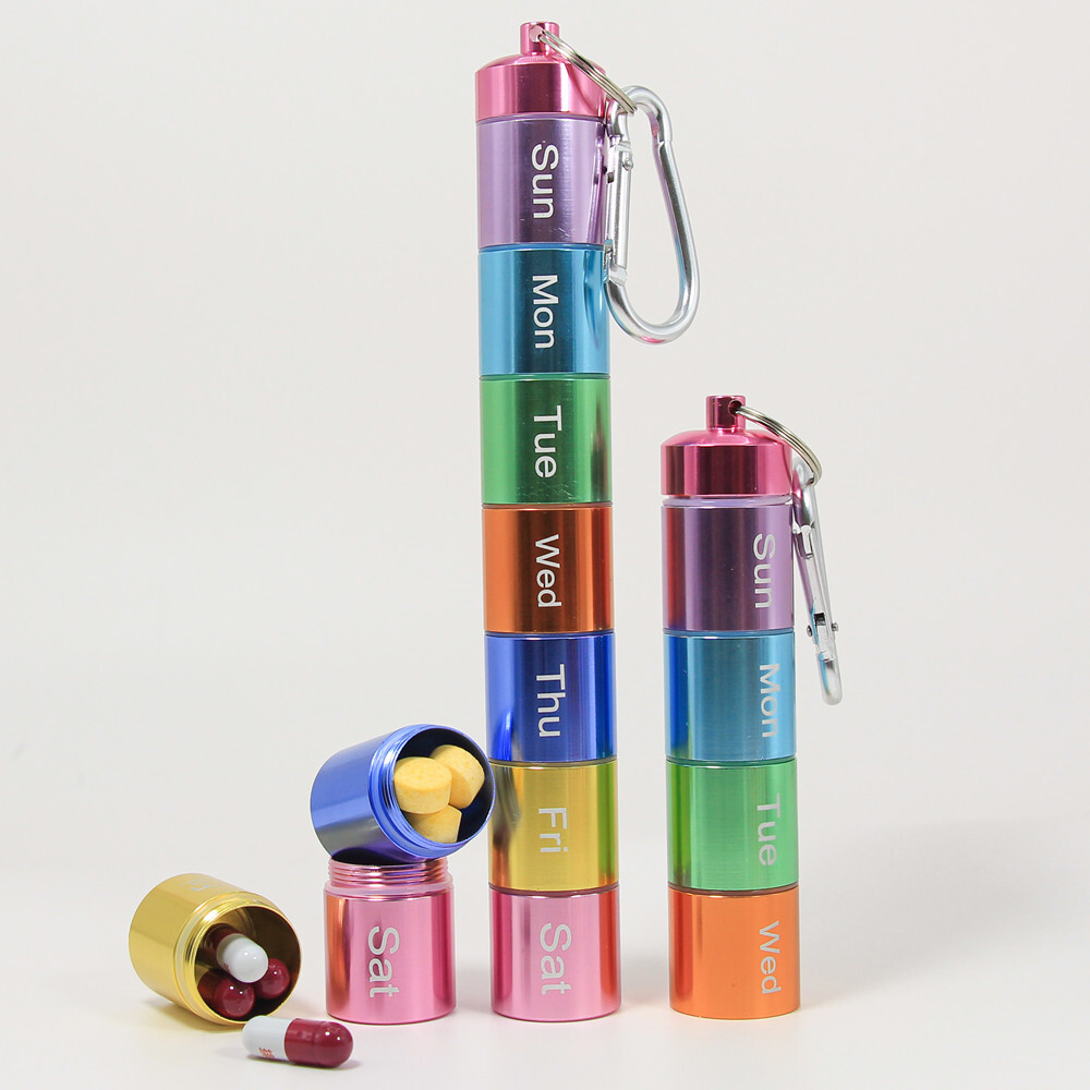 Portable Pill Case 7 Compartments Pocket Aluminum Alloy Pill Box with Keychain