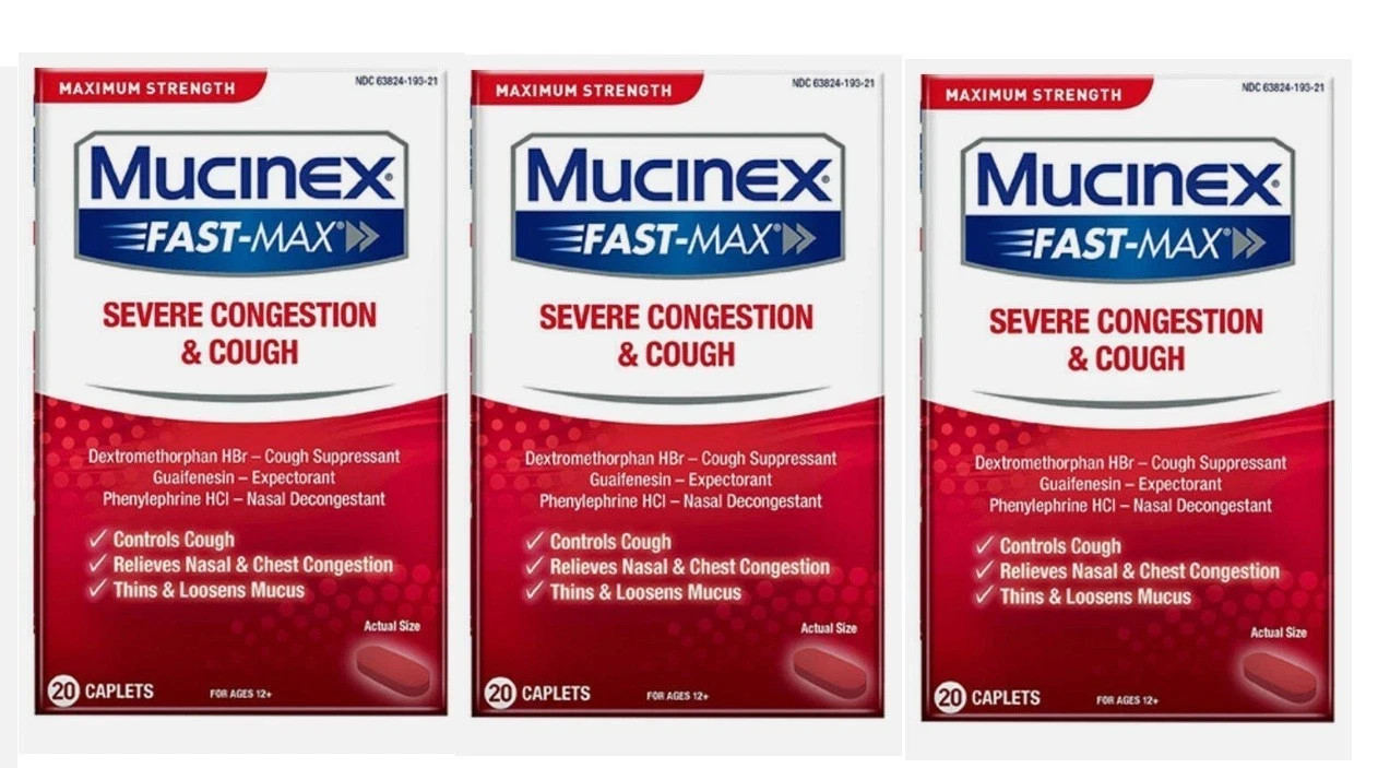 LOT OF 3 Mucinex Fast-Max Severe Congestion and Cough, 20 Caplets EXP 11/2026