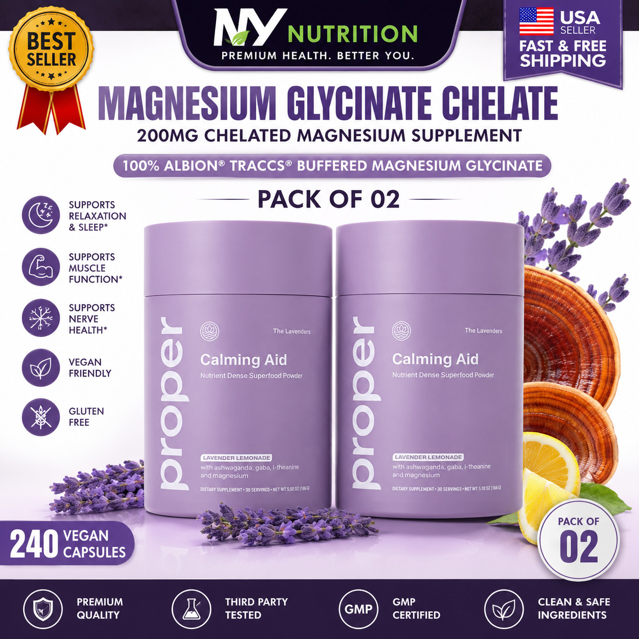 Proper, The Lavenders Calming Aid. Magnesium Supplement with GABA PACK OF 02 USA