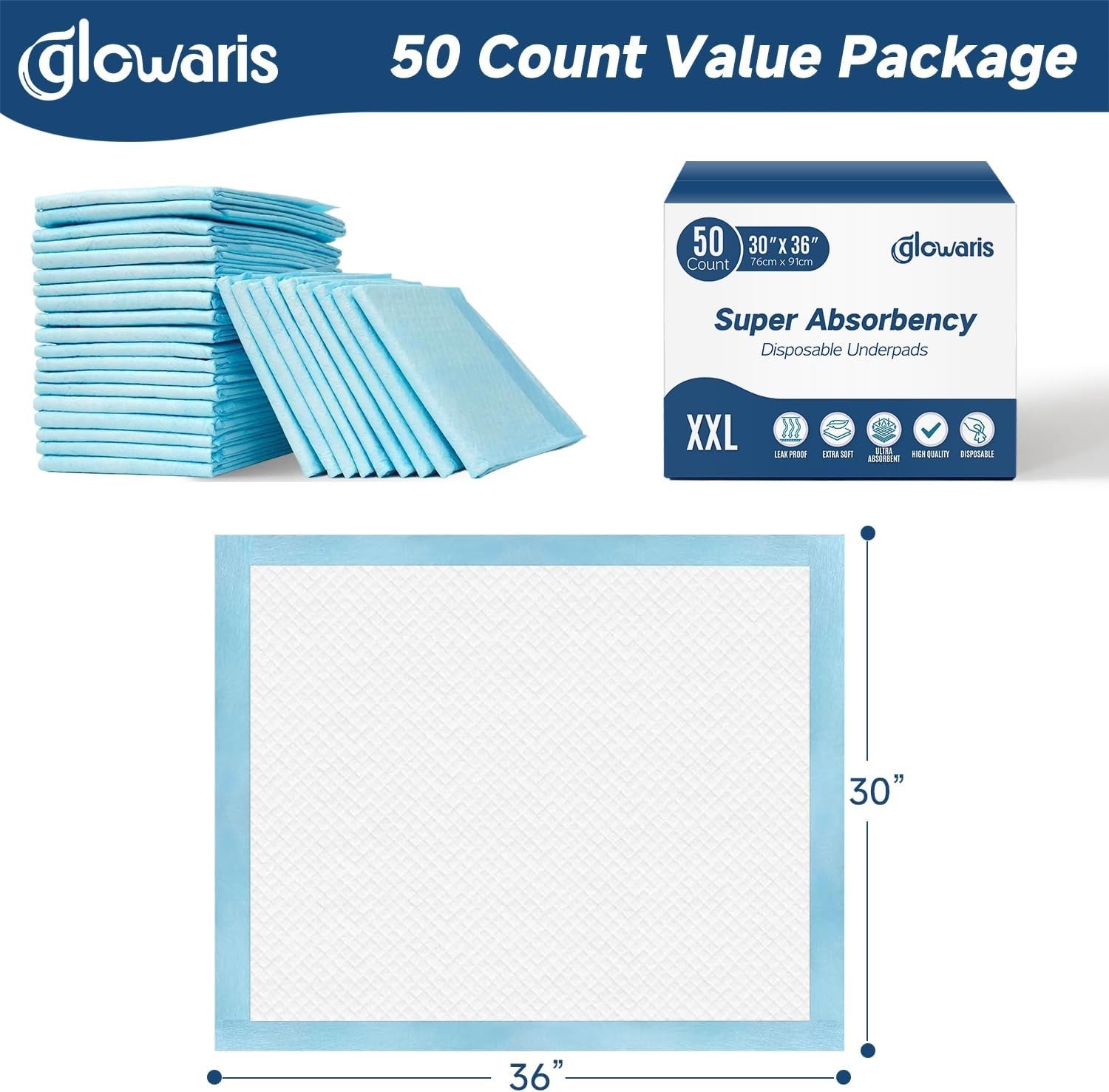50 Count 30” x 36” XXL Disposable Underpads, Super Absorbent Leakproof Quick …